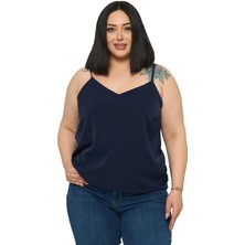 Disentis Modest Büyük Beden Ayarlanabilir Ince Askılı V Yaka Lacivert Bluz