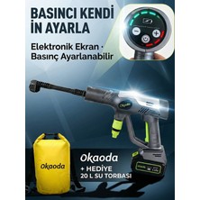 Okaoda Q5 En Güçlü Elektronik Ekranlı Şarjlı Oto Araba Yıkama Tabancası Pil Göstergeli Basınç Ayarlı