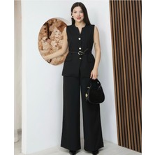 My Lunessa Kadın Tasarım Düğmeli Bağcıklı Yelek Pantolon Takım Siyah