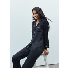 Feu De Elu Amour Siyah Uzun Saten Pijama Takımı