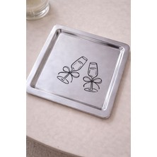 Beige & Stone Fiyonk Desenli Dikdörtgen Paslanmaz Çelik Kahve Çay Söz Nişan Sunum ve Dekoratif Tepsi