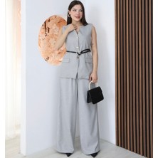 My Lunessa Kadın Tasarım Düğmeli Bağcıklı Yelek Pantolon Takım Gri