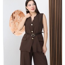 My Lunessa Kadın Tasarım Düğmeli Bağcıklı Yelek Pantolon Takım Kahverengi