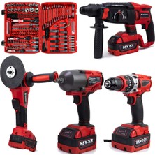 Prohummer PH307 Yeni Kırmızı Akülü 4lü Set Makine ve 216 Parça Tamirci Seti - 1100NM Somun Sökme, Kırıcı Delici, Avuç Taşlama, Vidalama Matkap + 216 Parça Tamirci Seti