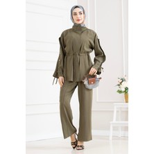 Sevitli Tünel Detaylı Kolu Düğmeli Ikili Tesettür Takım-Haki