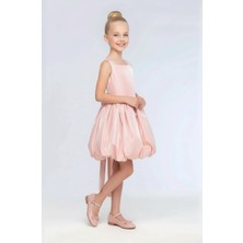 Kız Çocuk Kare Yaka Saten Kumaş Belden Fiyonklu Pileli Balon Etek Abiye Elbise 9-12 Yaş