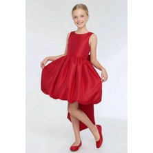 Kız Çocuk Kare Yaka Saten Kumaş Belden Fiyonklu Pileli Balon Etek Abiye Elbise 9-12 Yaş