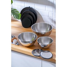 Pratikşef 9 Parça Rendeli Karıştırma ve Saklama Kabı Paslanmaz Çelik Blender Uyumlu (16-20-24 Cm)