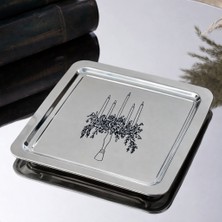 Beige & Stone Şamdan Desenli Kare Paslanmaz Çelik Kahve Çay Söz Nişan Sunum ve Dekoratif Tepsi