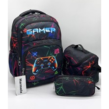 Harmela Çocuk Ilk Okul Çantası Siyahy 3'lü Set Ilkokul Çantası Karakter Desenli Takım