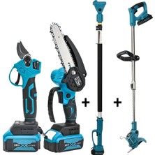 Prohummer PH263 Teleskopik 4lü Bahçe Set Dal Budama Makası, Dal Budama Testeresi, Çim Biçme Makinesi ve 2mt Uzatma Kolu 58VF (Mavi)