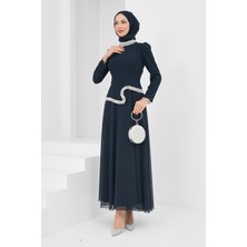 İmaj Butik Lacivert Asimetrik Detaylı Taşlı Abiye