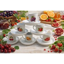 Miras Home Karışık Meyve Baskılı 6 Kişilik Porselen Kahve Seti, Mix Renkli Meyve Görselli Kahve Fincanı