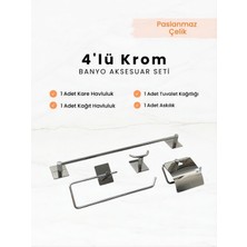 Hızır Yapışkanlı Paslanmaz Çelik Banyo Aksesuar Seti | Uzun Havluluk, Askılık, Kağıt Havluluk ve Kapaklı Tuvalet Kağıtlığı