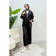 Tesettür Diyarı Vanila Bağlamalı Keten Kimono Takım- Siyah
