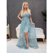 E&A Eren Abiye Ince Askılı Fırfır Detaylı Klos Elbıse