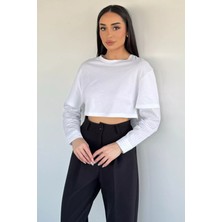 Gülseli Kadın Bisiklet Yaka Garnili Crop Top Sweatshirt P-00020391