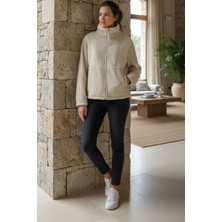 Otarzsenin Nap Kadın Ekru Fermuarlı Peluş Polar Ceket - Sherpa Kumaş