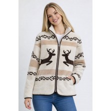 Sibel Günay Butik Kadın Kahverengi Geyik Desenli Fermuarlı Polar Sweatshirt