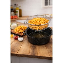 Airobazar Emaye Kızartma Tenceresi 24 cm - Paslanmaz Tel Süzgeçli Patates Kızartma Tenceresi Siyah