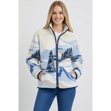 Sibel Günay Butik Kadın Mavi Manzara Desenli Fermuarlı Polar Sweatshirt