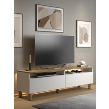 Wood'n Love Nora Bohem Ledli Tv Ünitesi 150 cm 2 Kapaklı 2 Raflı Dolaplı Atlantik Çam / Beyaz