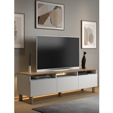 Wood'n Love Nora Bohem Ledli Tv Ünitesi 160 cm 3 Kapaklı 3 Raflı Dolaplı Atlantik Çam / Beyaz