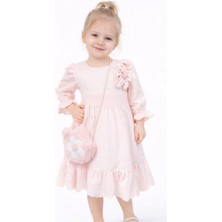 İrem Çocuk Giyim Kız Çocuk Güpürlü Balon Kol Model Bilekleri Lastikli Peluş Çantalı Pudra Renk Midi Boy Elbise