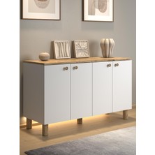 Wood'n Love Nora Bohem Ledli Kahve Köşesi Dolabı Konsol Çok Amaçlı Dolap Mutfak Dolabı 120 cm 4 Kapaklı  Atlantik Çam / Beyaz