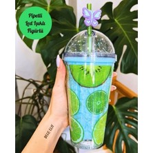 Marsilyan Suluk Pipetli Meyve Görselli Led Işıklı 450 ML Çift Katman Mika Su Şişesi 2096 Kiwi