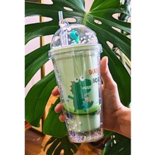 Marsilyan Sevimli Dino Temalı Çift Katman 450 ml Suluk Pipetli Mika Matara Yeşil 2769