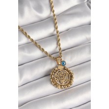 316L Çelik Gold Renk Burgu Zincir Dorika Yaşam Ağacı Figür Nazar Boncuk Detay Kadın Kolye - TJ-BKO9874