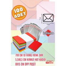 İstisna 100 Adet 7x9 Cm Renkli Zarf Kırmızı Not Kağıdı ve Opp Poşet Hediyeli Sevimli Mini Kart Zarfları