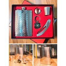 Marsilyan Çelik Matara Konyak Hediye Seti Kabartma Kareli Vip Çok Amaçlı Çakı ve Pusula Anahtarlıklı Içki