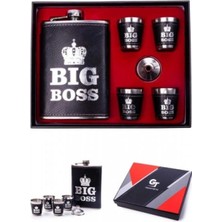 Marsilyan Big Boss Çelik Matara Hediye Seti Deri Kaplamalı Içki Viski Votka Konyak Matarası 4 Shot Bardaklı