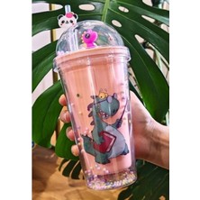 Marsilyan Sevimli Dino Temalı Çift Katman 450 ml Suluk Pipetli Mika Matara Pembe 2769