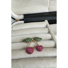 Modex Altın Sarısı Yeşil Yaprak Detay Kiraz Broş (4cm)
