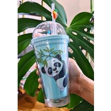 Marsilyan Sevimli Panda Temalı Çift Katman 450ml Suluk Pipetli Mika Matara Mavi 2770