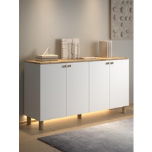 Wood'n Love Nora Bohem Ledli Konsol Çok Amaçlı Dolap Mutfak Dolabı 160 cm 4 Kapaklı  Atlantik Çam / Beyaz