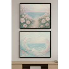 Safir Design Lüks Turkuaz ve Pembe Sahil ve Deniz Temalı 2li Modern Çerçeveli Tablo Seti