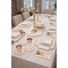 Karteya Krem Gold Nakışlı 6 Kişilik Runner ve Yemek Sunum Seti 19 Parça