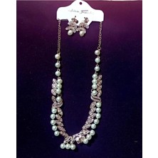 Kumi 14K Altın Kaplama Nişan Kına Düğün İnci ve Zirkon Taşlı Kolye Küpe Kadın Takı Seti Hediyelik