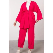 Tesettür Diyarı Gölge Kumaş Kuşaklı Kimono Tesettür Takım- Fuşya