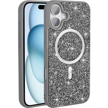 Case 4u Apple iPhone 16 Plus Kılıf Pırlanta Tasarımlı M-Safe Şarj Özellikli Mozaik Silikon Kapak Titanyum Gri