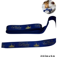 Roco Paper Co. Eid Mubarak Yazılı Hediye Paketleme Kurdelesi, Altın Varak Lacivert Saten Kurdele, 2.5cm x 5m