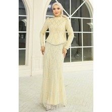 Olcay Inci ve Boncuk Bezeli Exclusive Tesettür Abiye Elbise Bej 1062