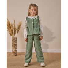 Noble Kids Yeşil Kalp Cep Detaylı Fitilli Kadife 3’lü Bayramlık Kız Çocuk Alt Üst Takım - 4-8 Yaş
