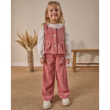 Noble Kids Pudra Kalp Cep Detaylı Fitilli Kadife 3’lü Bayramlık Kız Çocuk Alt Üst Takım - 4-8 Yaş