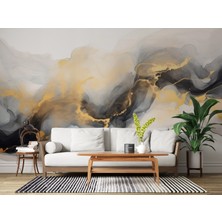 Grown Sarı Siyah Dalgalı Beyaz Mermer Desenli Duvar Kağıdı - Mutfak ve Banyo