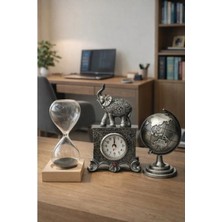 Marsilyan 3’lü Masa Üstü Seti – Gri Fil Figürlü Saat, Manyetik Kum Saati ve Gri Dünya Küresi - Premium Hediye